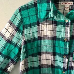 Merona Green & Navy Plaid Flannel Top, XS